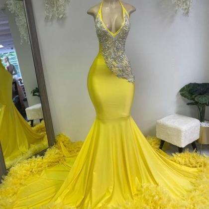 Yellow Feather Prom Dresses For Women Lace..