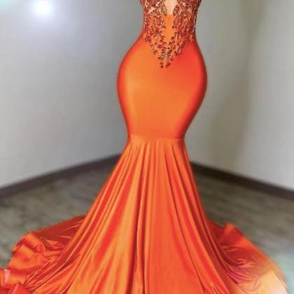 High Neck Orange Prom Dresses 2024 Beaded Applique..
