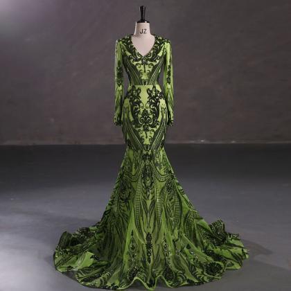 Green Sequin Applique Prom Dresses 2024 Long..