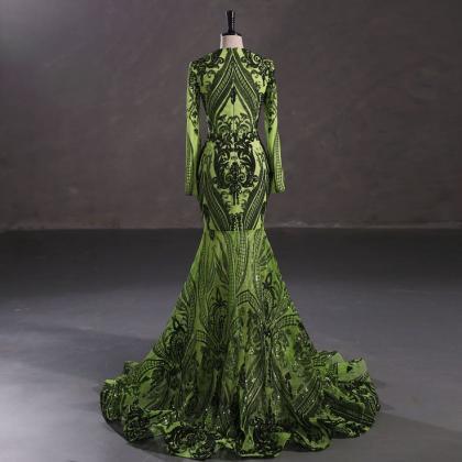 Green Sequin Applique Prom Dresses 2024 Long..