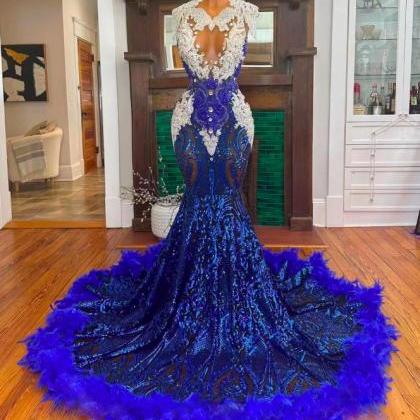 Luxury Feather Prom Dresses 2024 Royal Blue..