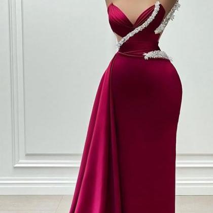 Burgundy Prom Dresses For Women Simple Pleated..