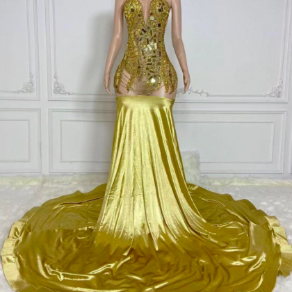 Rhinestones Gold Prom Dresses For Women Sweetheart..