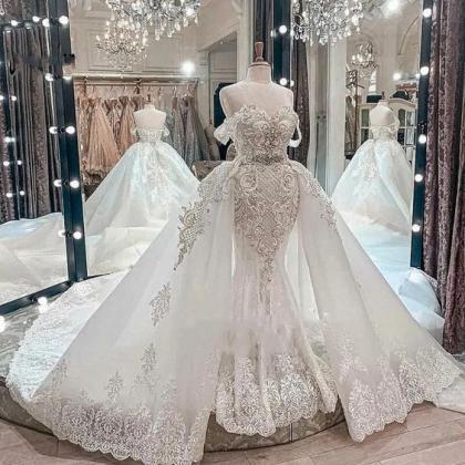 White Wedding Dresses For Bride Lace Applique..