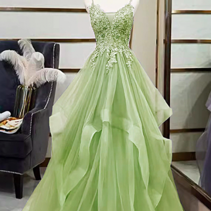 Spaghetti Strap Green Prom Dresses 2024 Lace..