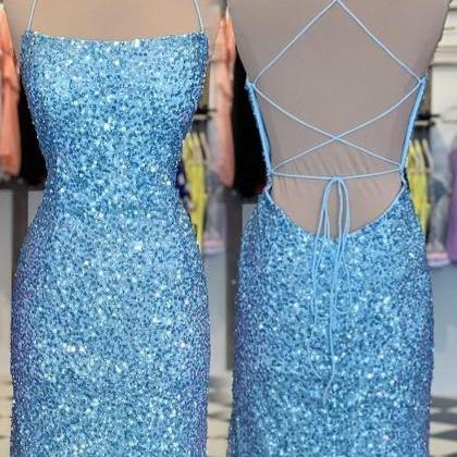 Blue Sequined Prom Dresses 2024 Fashion Mini..