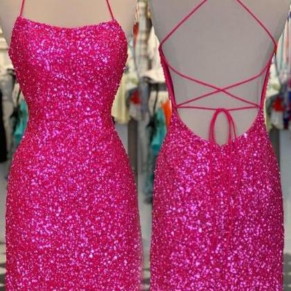 Halter Sexy Prom Dresses Short Pink Sparkly Shinny..