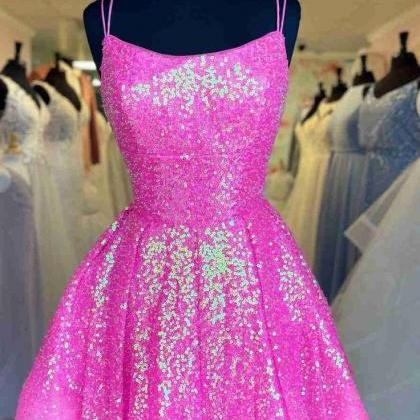 A Line Sparkly Prom Dresses Short Pink Spaghetti..