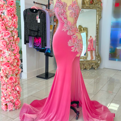 Gorgeous Prom Dresses 2024 Pink Beaded Applique..