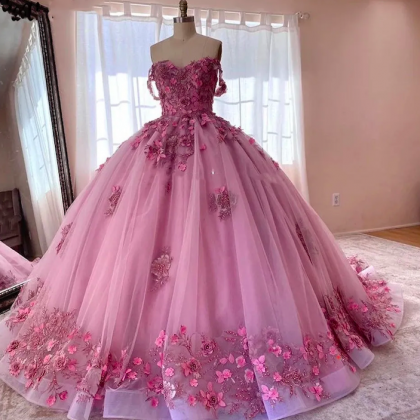 Pink Prom Dresses 2024 Sweet 16 Dresses 3d Flowers..