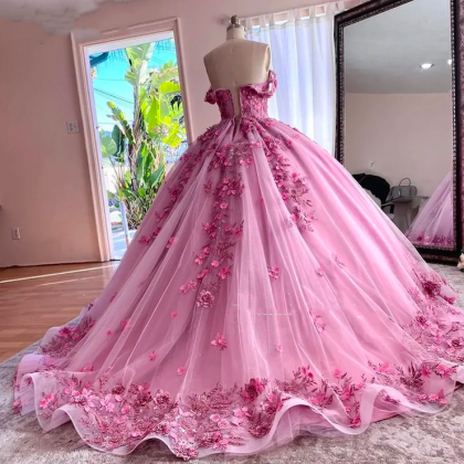 Pink Prom Dresses 2024 Sweet 16 Dresses 3d Flowers..