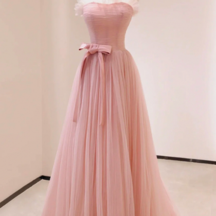 Tulle Prom Dresses 2024 Boat Neck Pink A Line Prom..