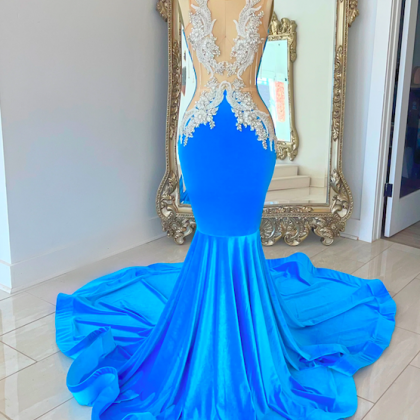 Modest Blue Prom Dresses For Women Lace Applique..