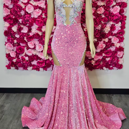 Cap Sleeve Glitter Prom Dresses 2024 Pink Sequin..