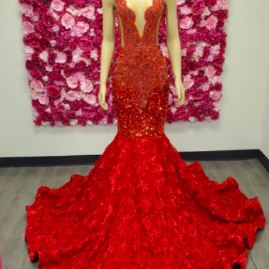 Red Luxury Prom Dresses 2024 Floral Rhinestones..