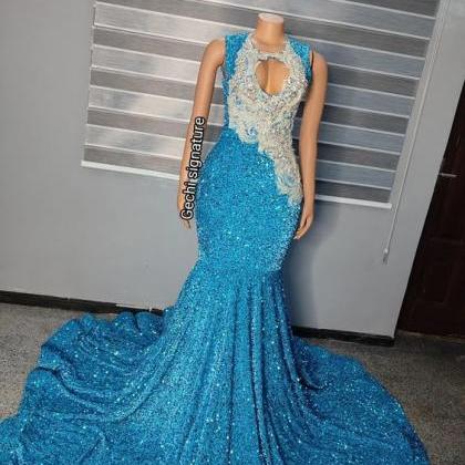 Blue Sparkly Prom Dresses 2024 Custom Lace..