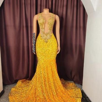 Sparkly Fashion Prom Dresses 2024 Yellow Gold..