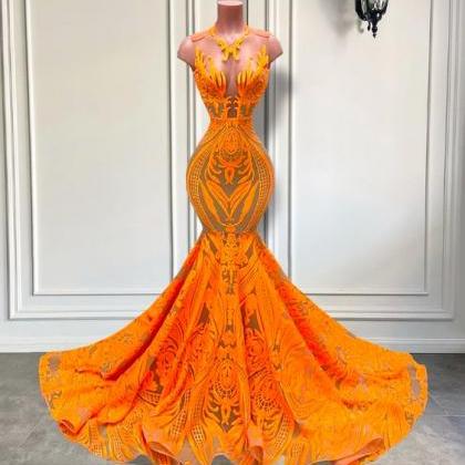 Elegant Prom Dresses For Women Orange Sequin..