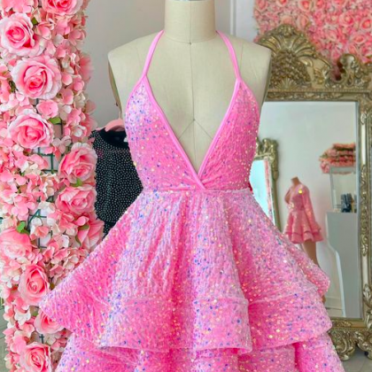 Halter Pink Prom Dresses Short Mini Dresses Robes..