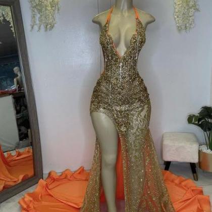 Halter Sexy Prom Dresses 2024 Gold Sparkly Luxury..