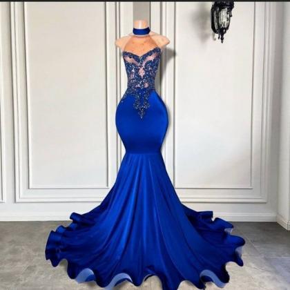 High Neck Prom Dresses 2024 Royal Blue Beaded..