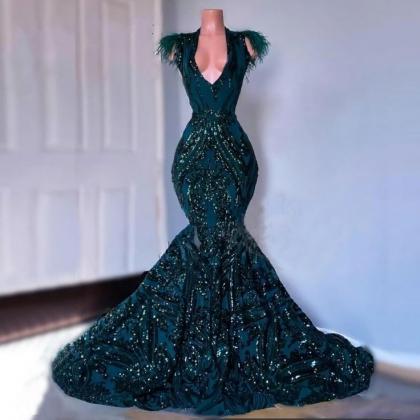 Feather Deep Green Prom Dresses For Women Cap..