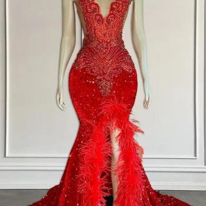 Diamonds Red Prom Dresses Custom Make Rhinestones..