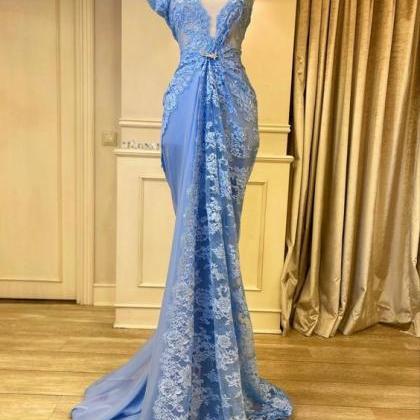 One Shoulder Blue Prom Dresses For Women 2024 Lace..