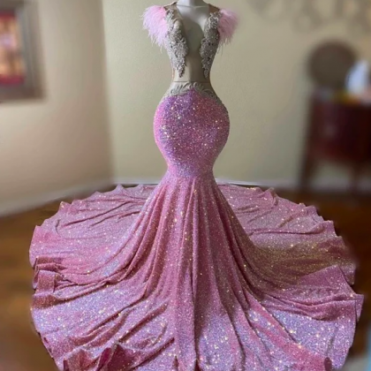 Feather Pink Prom Dresses For Women Sparkly Sequin..