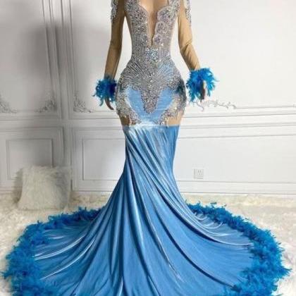 Feather Blue Prom Dresses 2024 Custom Plus Size..