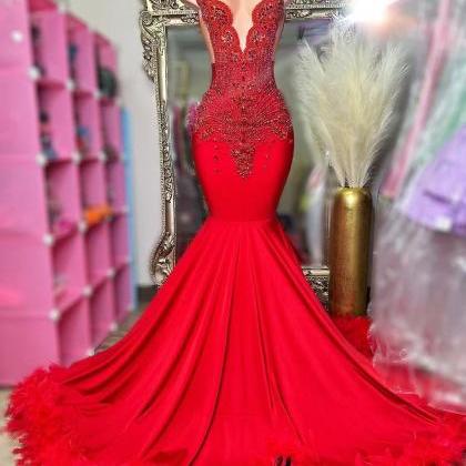 Red Feather Prom Dresses 2024 Rhinestones Beading..