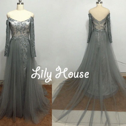 Long Sleeve Sexy Gray Tulle Evening..