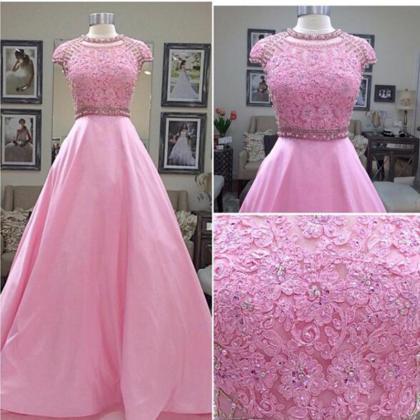 Pink Prom Dress, Cap Sleeve Prom Dress, Lace Prom..