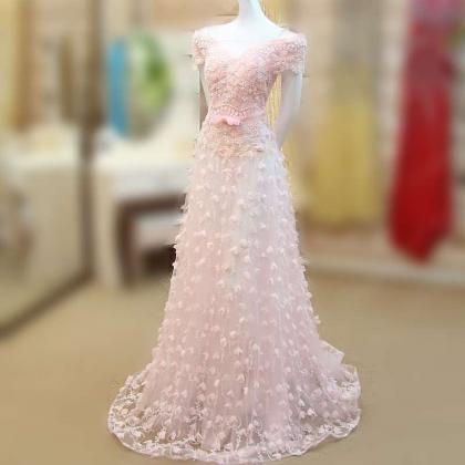 Pink Evening Dress, A Line Evening Dress, Lace..