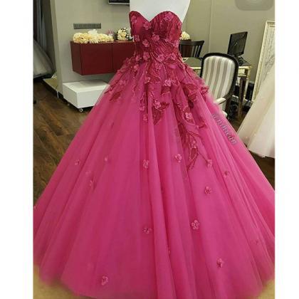 Pink Prom Dresses Ball Gown Lace Applique..