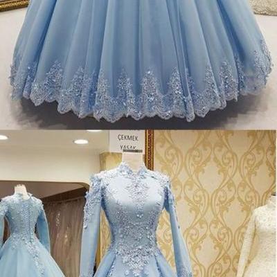 muslim blue prom dresses 2024 long sleeve high neck lace applique arabic prom gown robe de soiree 2023