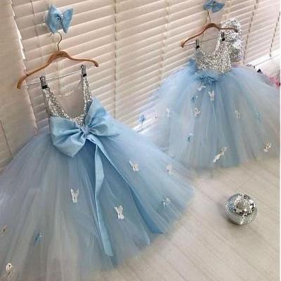 blue baby girl dresses for birthday party dresses 2020 sequin sparkly handmade flowers cheap kids prom dress ball gown vestido de novia 