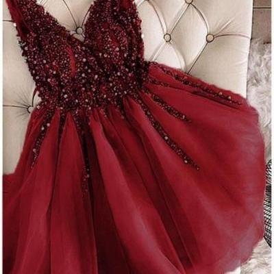 burgundy prom dresses short v neck beaded crystals sleeveless cheap tulle homecoming dresses 2020 vestido de festa de curto