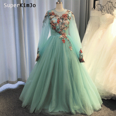 turquoise blue prom dresses long embrodiery applique elegant a line tulle prom gown vestidos de fiesta 2020