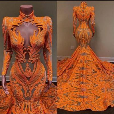 luxury lace applique evening dresses long sleeve high neck modest sparkly elegant orange formal wear vestido de fiesta