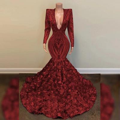 long sleeve burgundy evening dresses sparkly luxury mermaid modest sequins Applique 3d flowers formal evening gown robe de soiree 