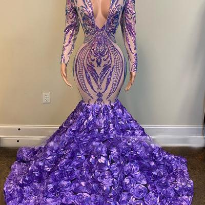 sparkly purple evening dresses long sleeve v neck elegant mermaid modest sequin applique formal evening gown vestido de fiesta 2022 