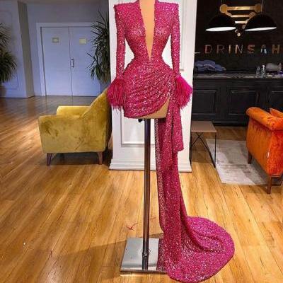 2023 New Fashion Women Prom Dresses Sparkly Glitter Formal Dresses Long Sleeve Feather Mermaid Luxury Elegant Prom Gown 2024 Abendkleider