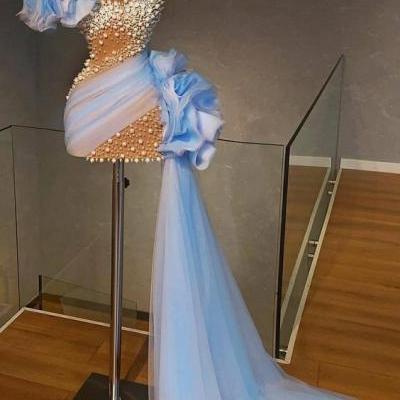 Luxury Mermaid Formal Dresses Beaded Peals Blue Tulle Elegant Sexy Evening Dresses Custom Make Prom Dresses Met Gala Dress Vestidos De Fiesta