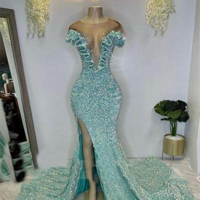 sparkly blue evening dresses long for black girl mermaid cap sleeve elegant modest formal party dresses abendkleider