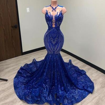 royal blue elegant evening dresses for women sparkly applique mermaid modest cheap formal occasion dresses vestidos de fiesta de longo