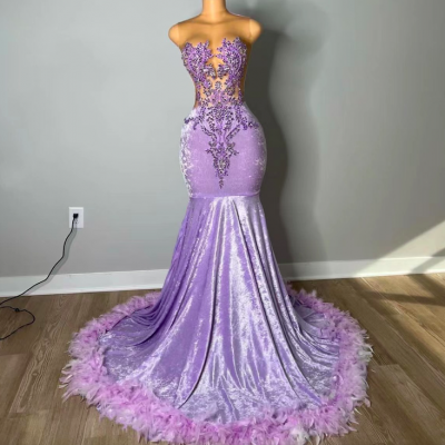 Lavender Prom Dresses for Women Beaded Applique Feather Luxury Prom Gown Sleeveless Mermaid Purple Evening Dress Formal Occasion Dresses Robe Femme Soirée