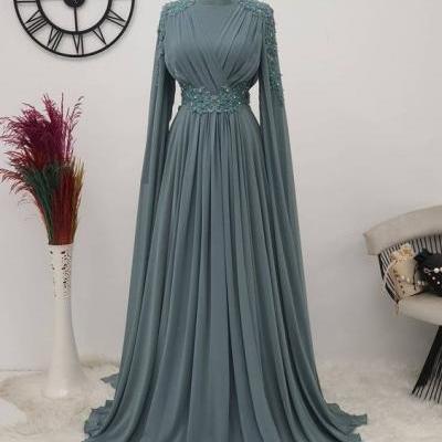 Robes De Bal High Neck Blue Prom Dresses 2023 Lace Applique Beaded A Line Chiffon Prom Gown Floor Length Muslim Dubai Fashion Party Dresses Vestidos De Fiesta