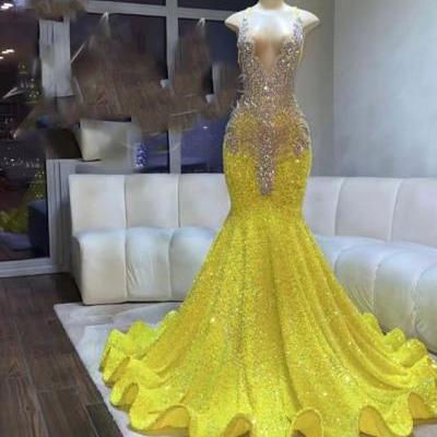 Yellow Sparkly Prom Dresses 2023 Mermaid Glitter Sequin Beaded Prom Gown 2024 Luxury Birthday Party Dressses for Black Girls Vestidos De Fiesta