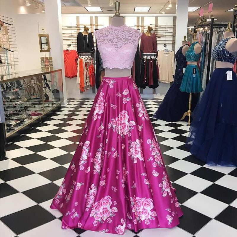 2 Piece Prom Dresses, Pink Prom Dress, Printed Prom Dress, Lace Prom Dress, High Neck Prom Dress, A Line Prom Dress, Floor Length Prom Dress,